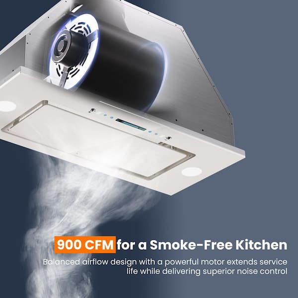 30 in. 900 CFM Convertible Insert Range Hood in Stainless Steel and White Glass with Adjustable LED and Gesture Control