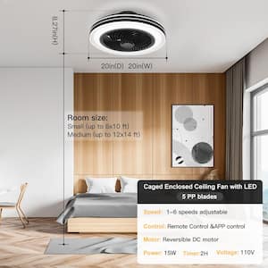 20 in. Indoor Black Modern Low Profile Ceiling Fan with LED Light Caged Enclosed Ceiling Fan with Remote and APP Control