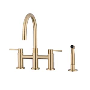 Deck Mount Double Handle Bridge Kitchen Faucet with Side Spray in Brushed Gold