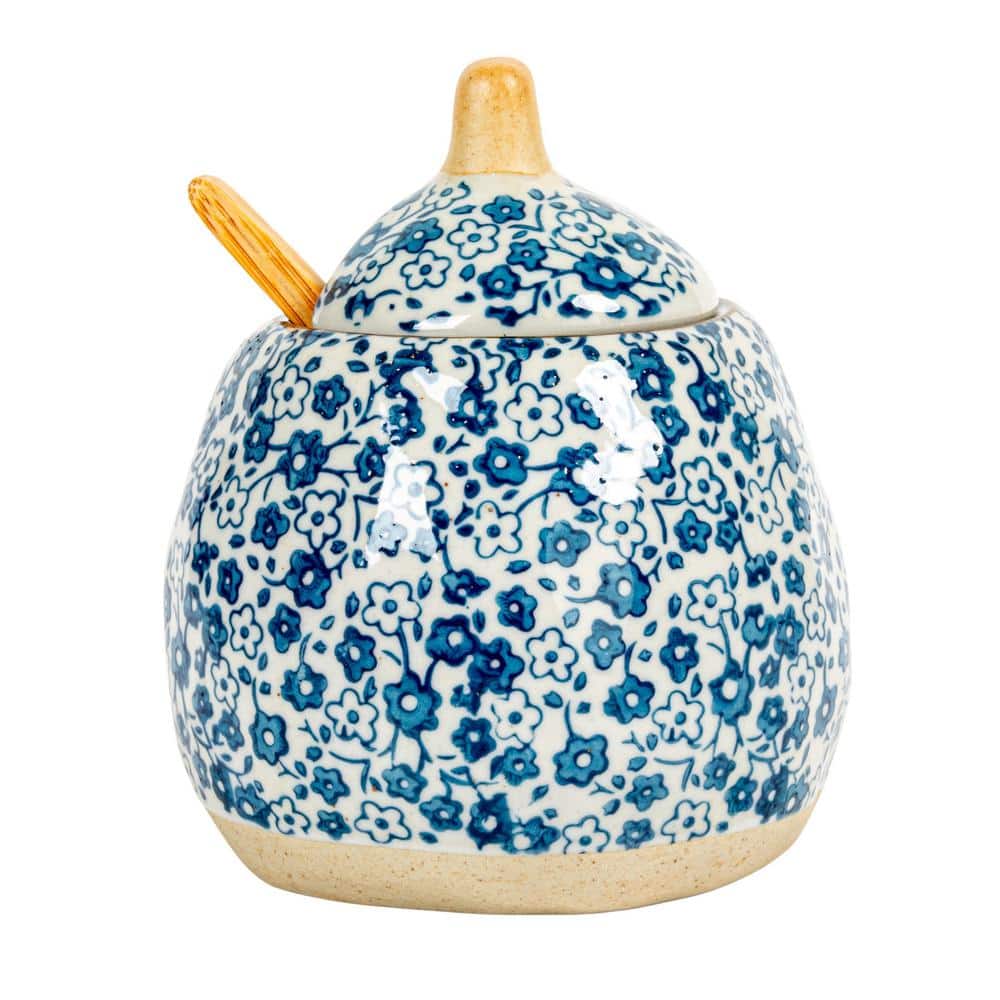 Hand-Painted Blue Floral Stoneware Sugar and Creamer Set