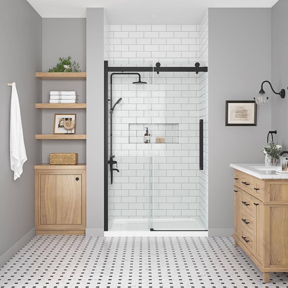 Bel Matte Black Frameless Sliding Shower Door with Clear Glass