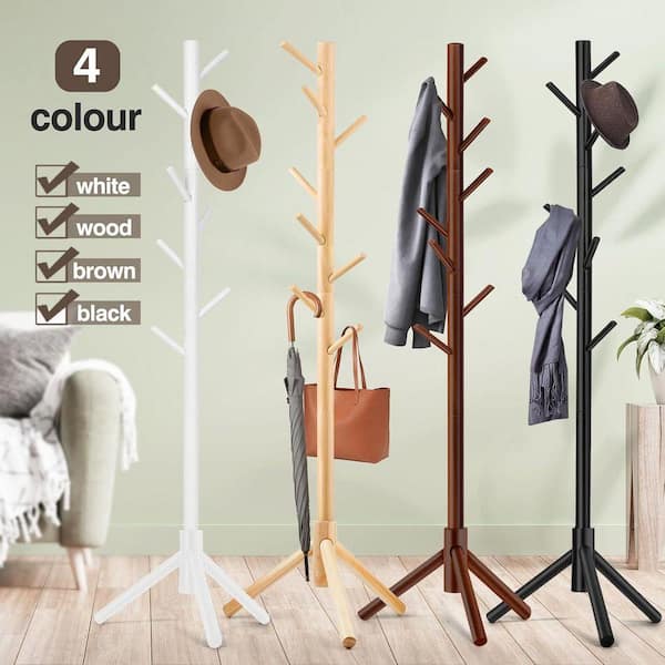 Freestanding Coat Rack Natural Wood with 8-Hooks Adjustable Height