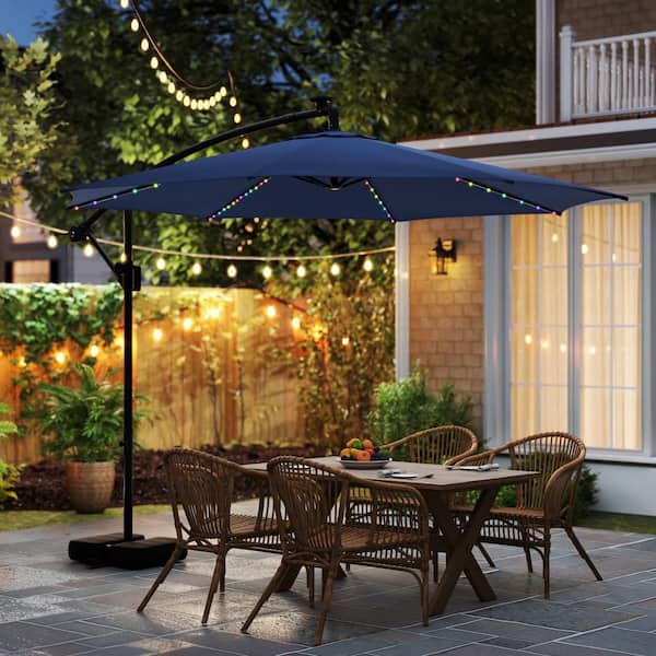 10 ft. Solar Offset Hanging Tilt Cantilever Patio Umbrella with Base in Navy