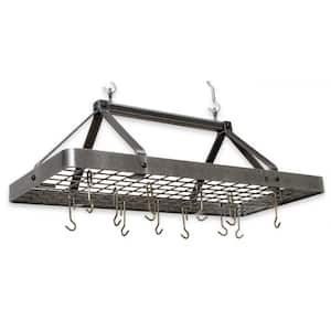 Handcrafted Carnival Rectangle Ceiling Pot Rack with 18 Hooks Hammered Steel