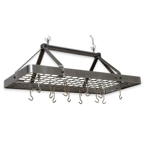 Enclume Handcrafted Carnival Rectangle Ceiling Pot Rack with 18 Hooks Hammered Steel