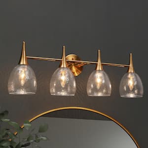 Cymerlarity Modern Industrial 28.5 in. 4-Light Brass Gold Bathroom Vanity Light with Dome Hammered Glass Shades