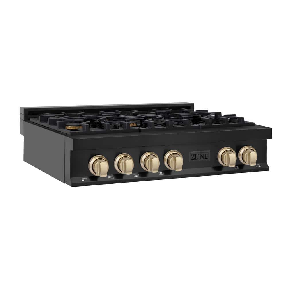 Autograph Edition 36 in. 6 Burner Front Control Gas Cooktop with Polished Gold Knobs in Black Stainless Steel
