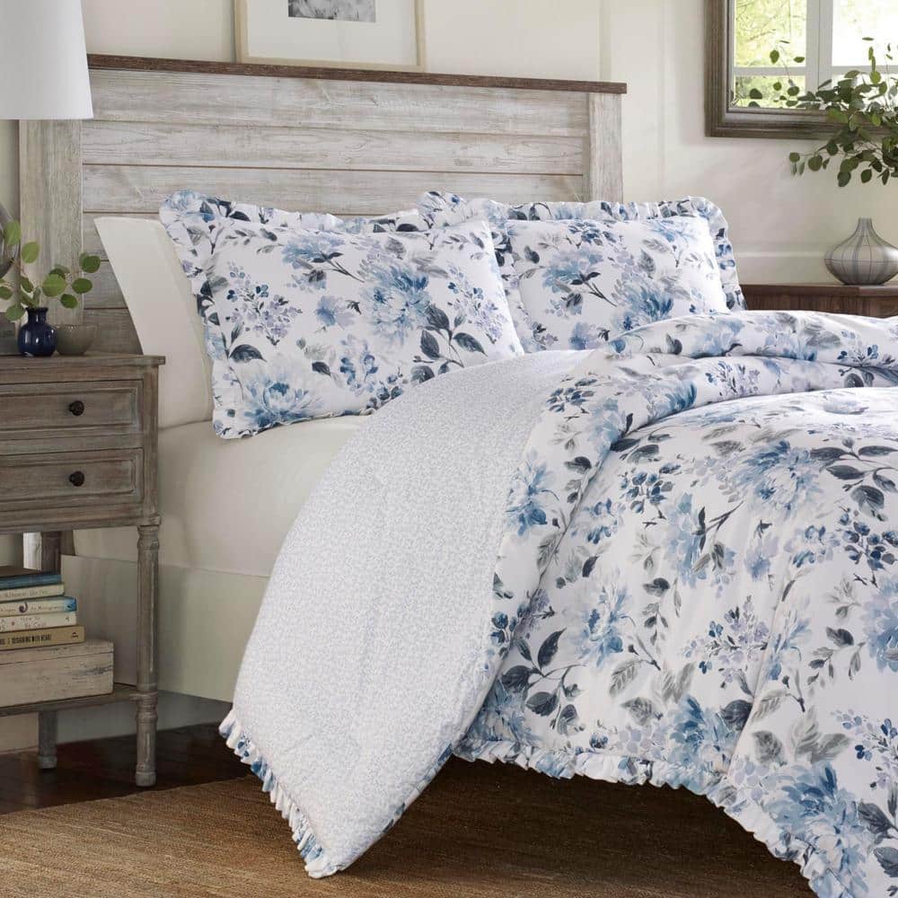 Chloe Blue Floral Cotton Twin Duvet Cover Set with Ruffled Edges