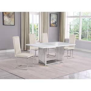 Lisa 5-Piece Rectangle White Marble Top Stainless Steel Base Dining Set With 4-Cream Velvet Chrome Iron Leg Chairs