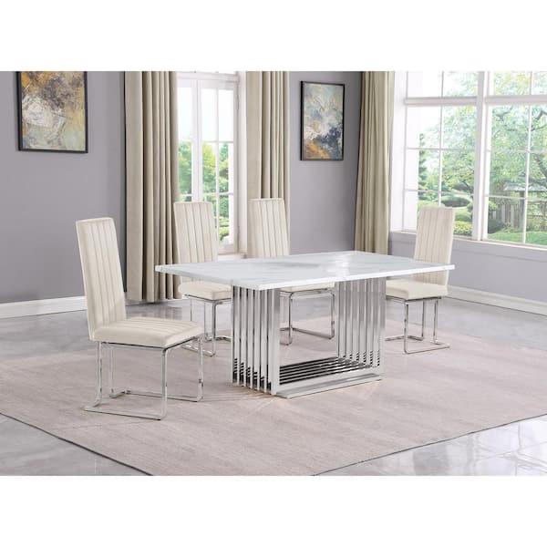Best Quality Furniture Lisa 5-Piece Rectangle White Marble Top Stainless Steel Base Dining Set With 4-Cream Velvet Chrome Iron Leg Chairs