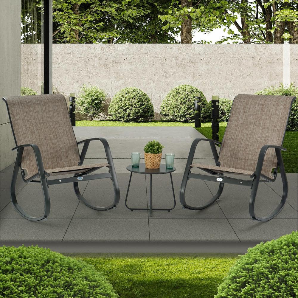 Black Aluminum Frame Beige Mesh Fabric Outdoor Rocking Chair Set