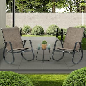 Aluminum Outdoor Rocking Chair with 2 Breathable Mesh Fabric Seat White Frame Rocking Chairs and 1 coffee table