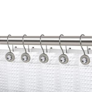 Brushed Nickel Double Shower Curtain Hooks for Bathroom, Rust Resistant Shower Curtain Hooks Rings, Crystal Design