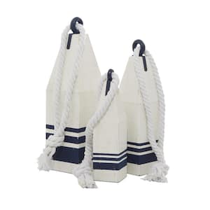 White Wood Handmade Buoy Sculpture with Rope Accents (Set of 3)