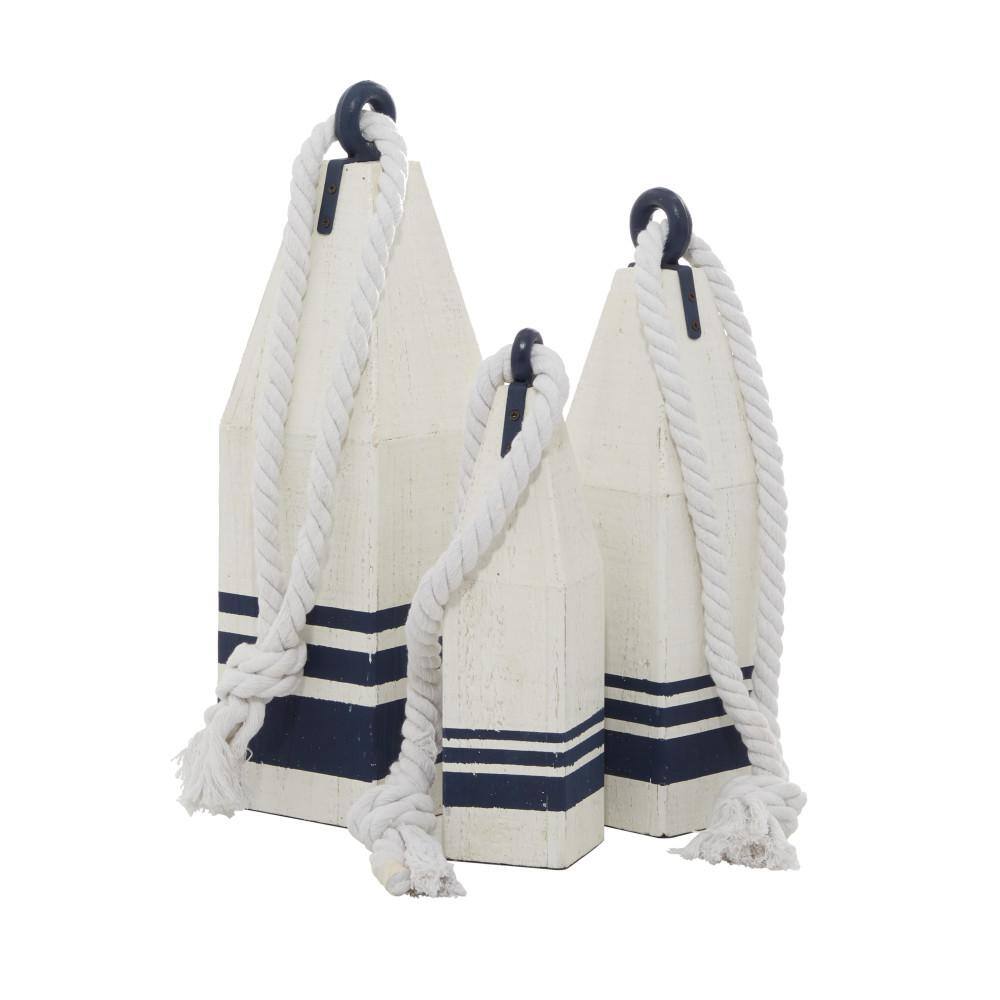 White and Navy Wood Buoy Sculptures with Rope Accents, Set of 3