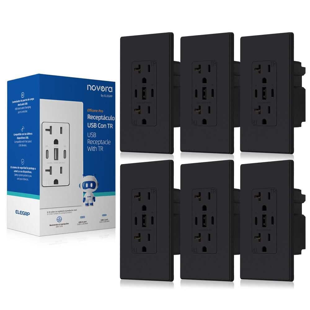 30W 6.0 Amp 3-Port USB Wall Outlet, 20A Duplex Receptacle with Dual Type C & A Ports, with Wall Plate, Matte Black 6Pc price history on PriceWatchPro