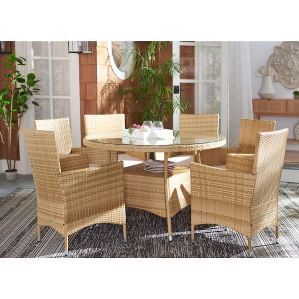 Challe Natural 7-Piece Wicker Outdoor Patio Dining Set with White Cushions