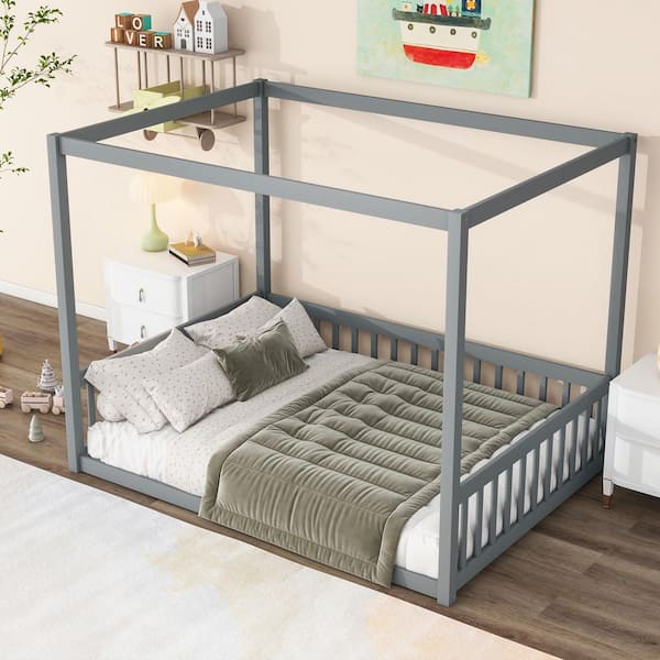 Harper & Bright Designs Gray Wood Frame Full Size Platform Bed with Canopy Frame, Fence Guardrails