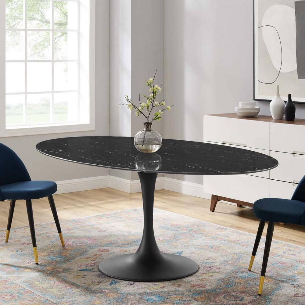 Black Oval Artificial Marble Dining Table with Metal Pedestal Base