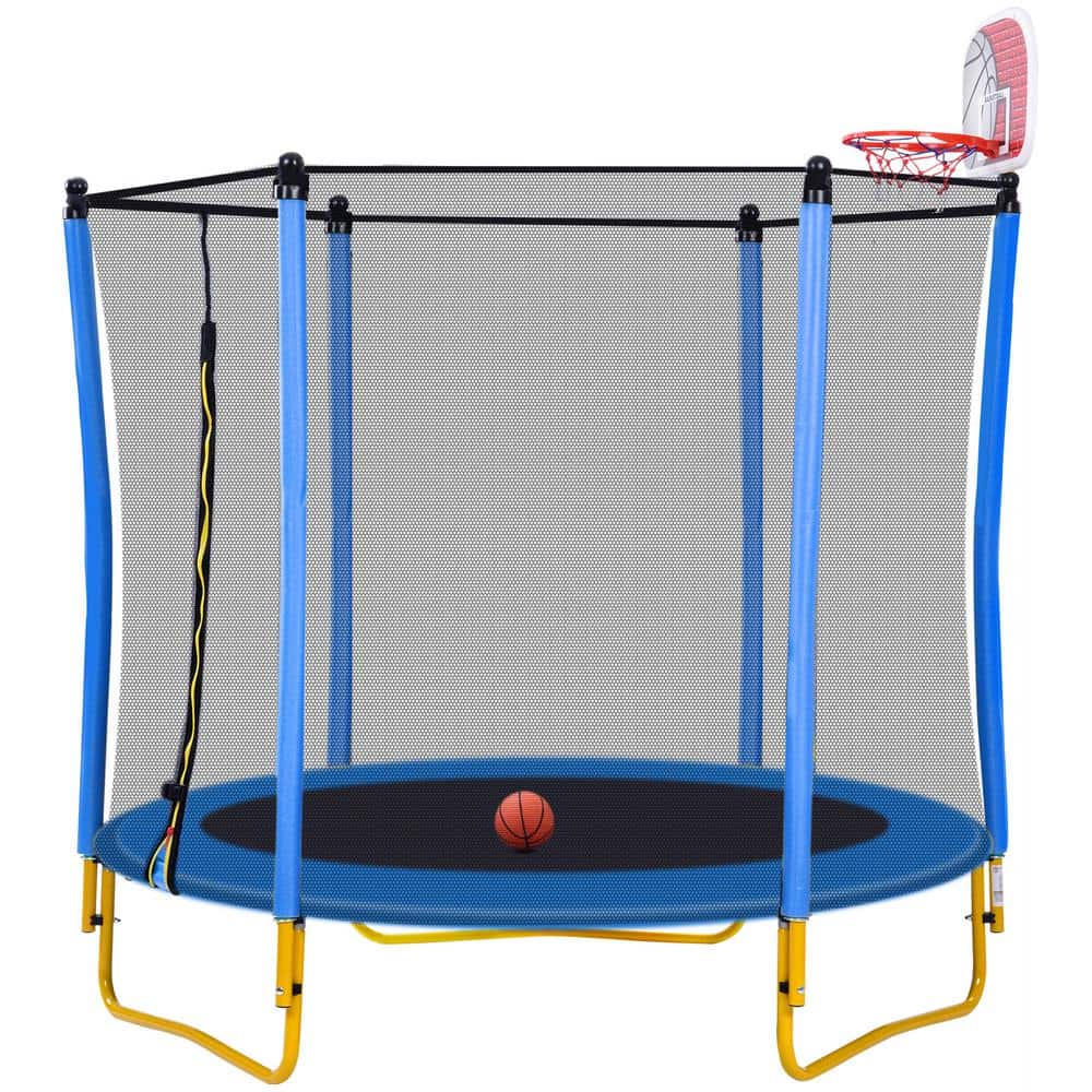 5.5 ft. Blue Outdoor and Indoor Mini Toddler Trampoline with Enclosure, Basketball Hoop and Ball