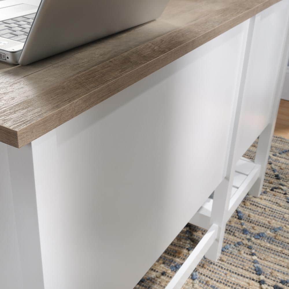 Soft White Coastal Home Office Desk with Lintel Oak Accent