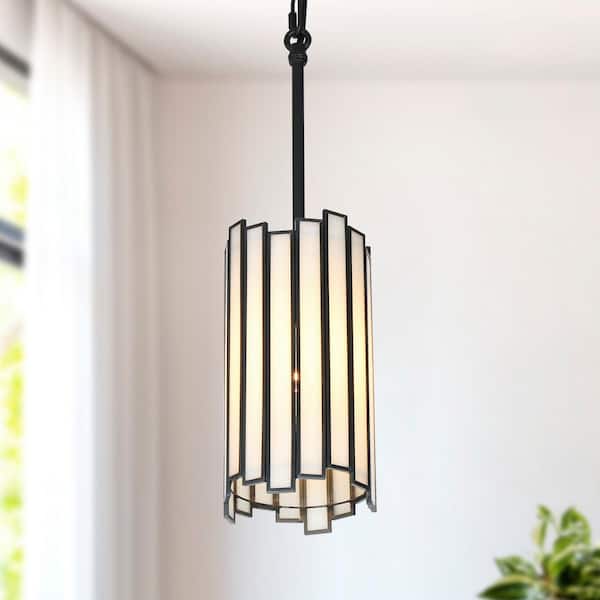 LNC 1-Light Painted Black Island Chandelier Drum Mini Pendant Ceiling Light with Modern Geometric White Stained Glass Shade