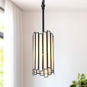1-Light Painted Black Island Chandelier Drum Mini Pendant Ceiling Light with Modern Geometric White Stained Glass Shade
