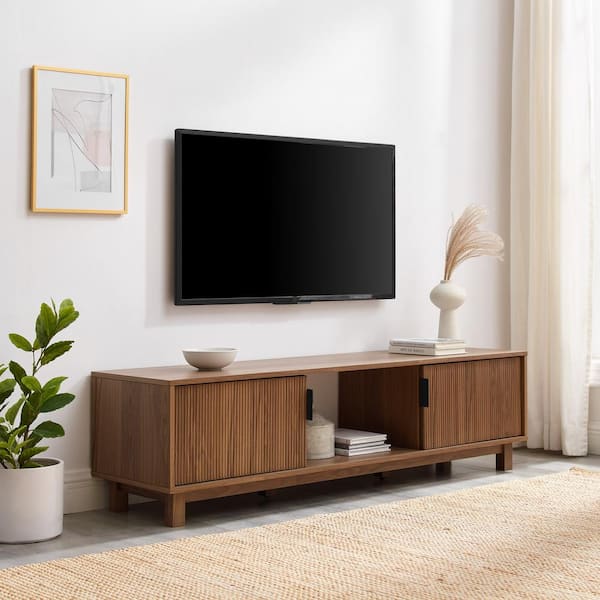 Welwick Designs 58 in. Caramel Solid Wood TV Stand Fits TVs Up to 65 in. with Cutout Cabinet Handles