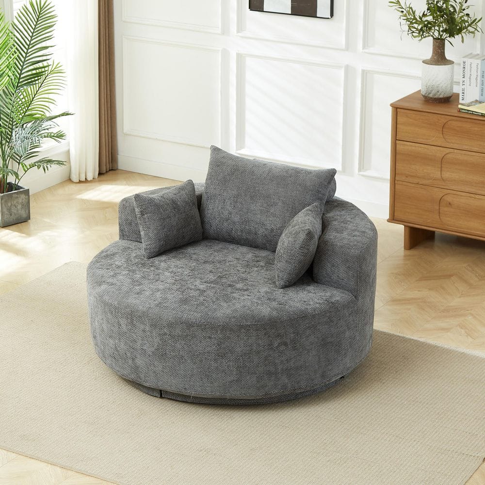55 in. W Gray Swivel Arm Chair and 360° Swivel Sofa With 3-Pillows