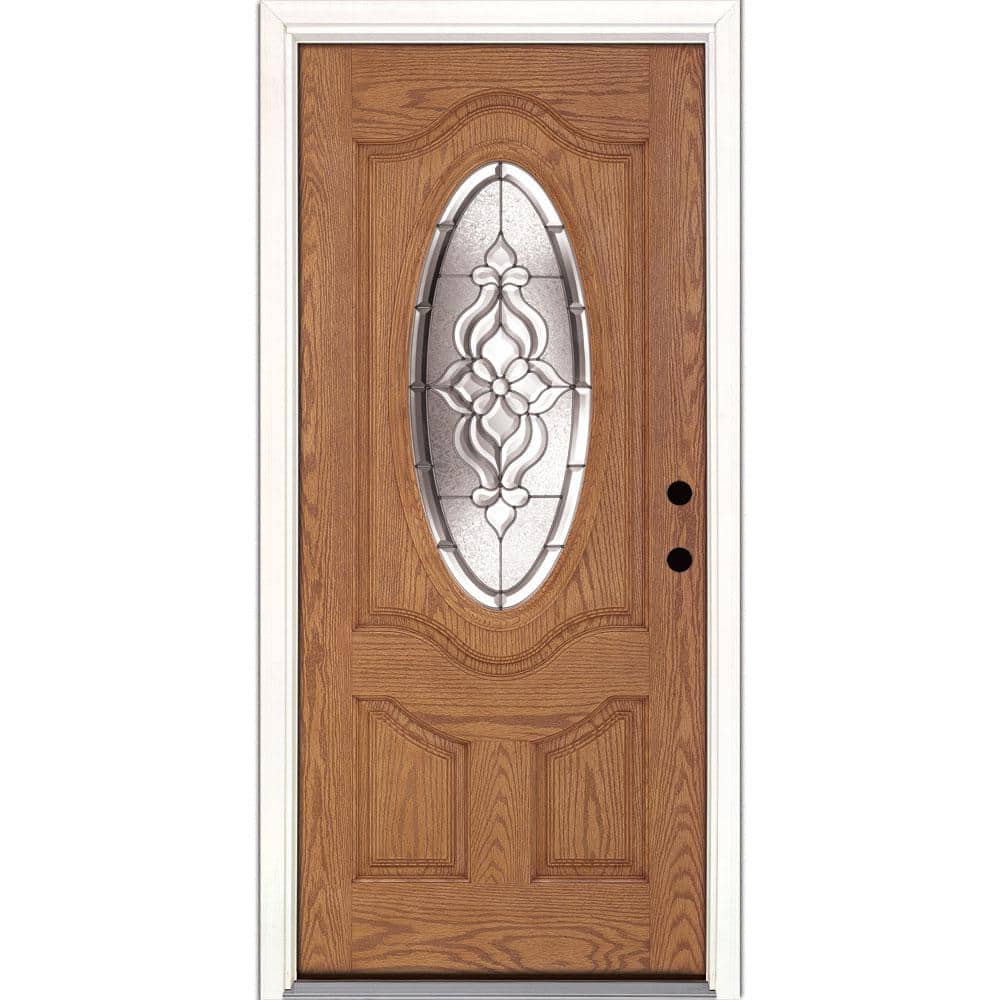 Feather River Doors 37.5 in. x 81.625 in. Lakewood Zinc 3/4 Oval Lite  Stained Light Oak Left-Hand Inswing Fiberglass Prehung Front Door 722390 -  The