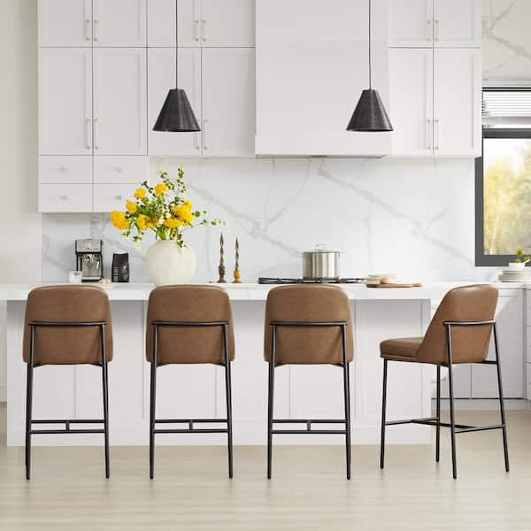 Monae 27 in. Saddle Brown High Back Wood Counter Stool with Faux Leather Seat (Set of 2)