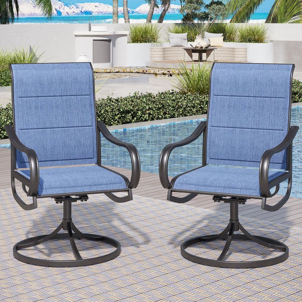 Black Metal Swivel Padded Blue Textilene Outdoor Dining Chair with Curve Arms Set of 2 price history on PriceWatchPro