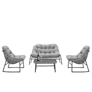 4-Piece Gray Wicker Outdoor Sectional Sofa Sets with Gray Cushions