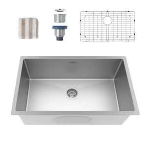 Stainless Steel 32 in. Silver Single Bowl 16 Gauge Undermount Kitchen Sink with Bottom Grid and Kitchen Sink Drain