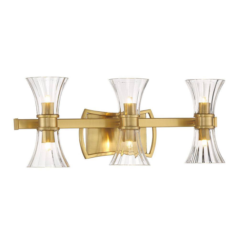 Warm Brass 6-Light Vanity with Clear Ribbed Glass Shades