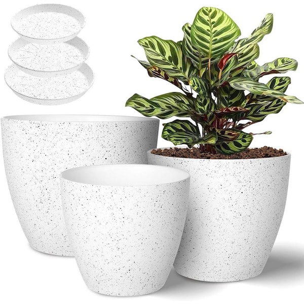 ITOPFOX Modern 9 in. L x 9 in. W x 8 in. H Speckled White Plastic Round Indoor Planter (3-Pack)