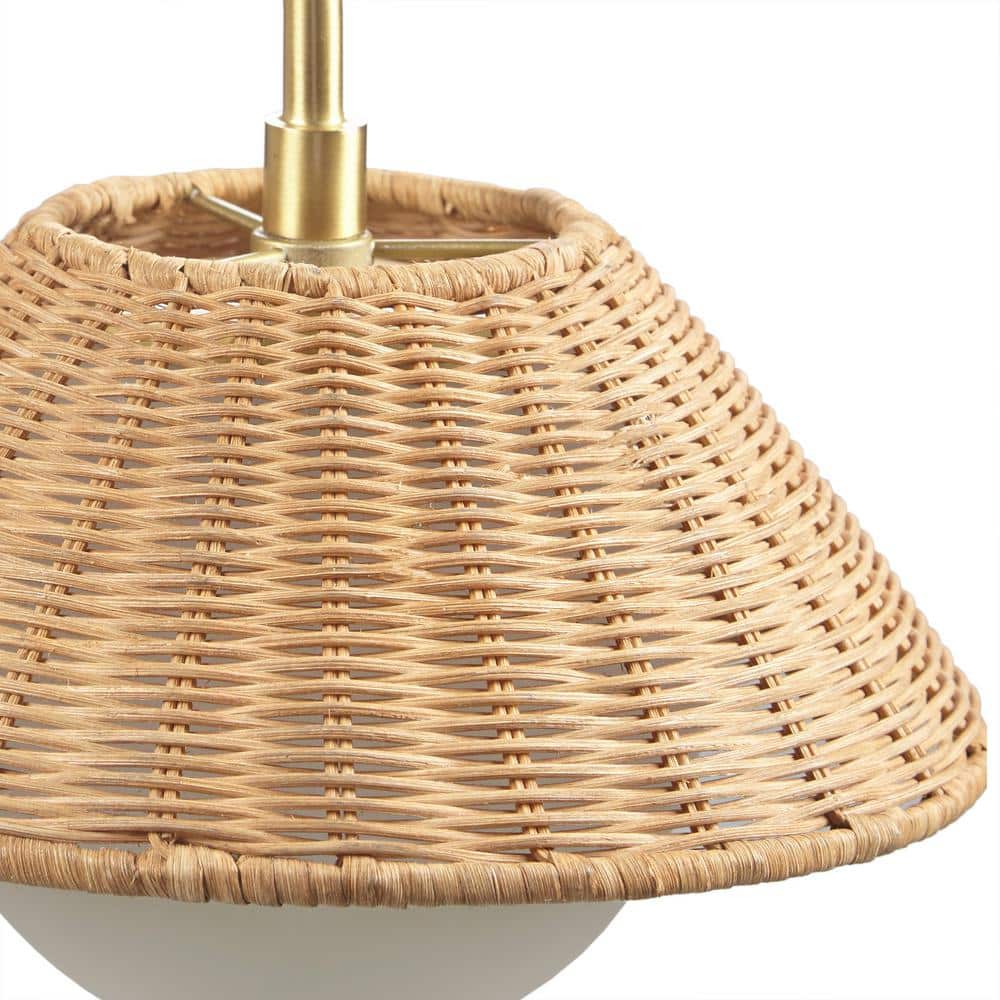 Gold Iron Wall Sconce with Rattan Shade and Frosted Globe