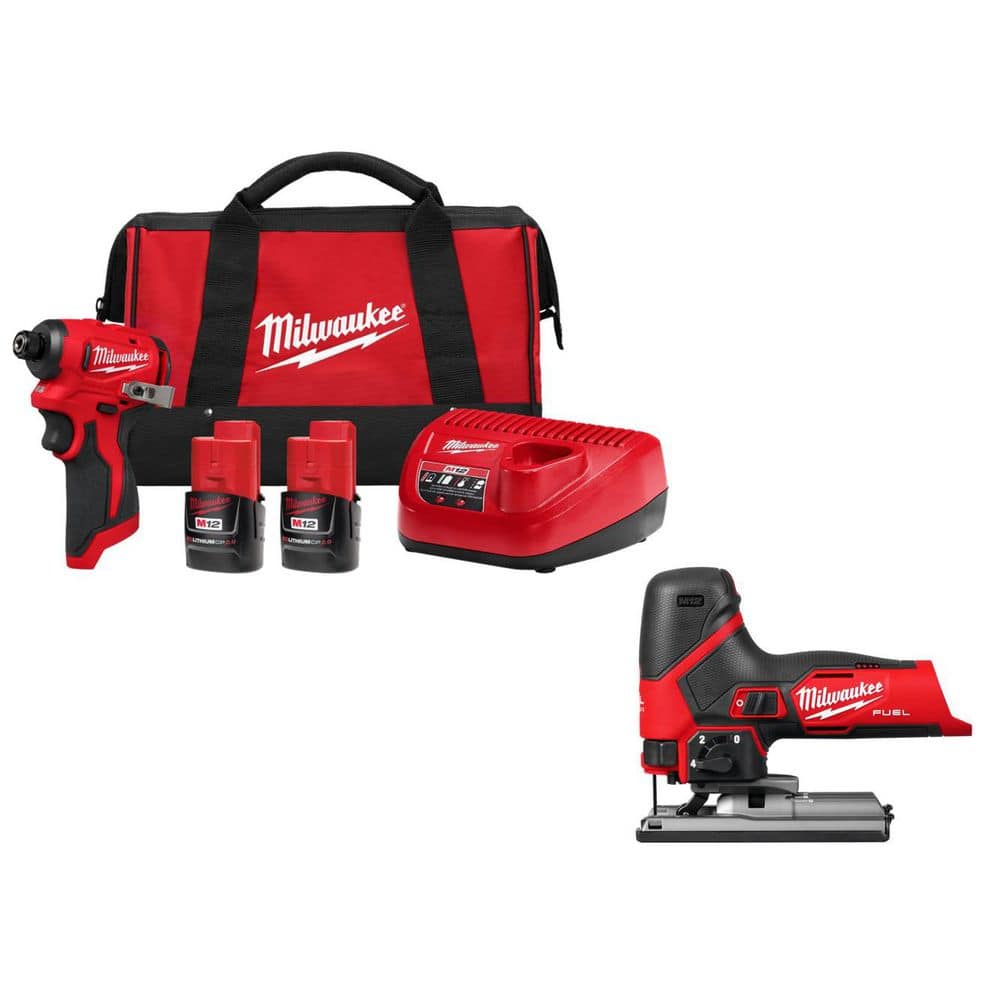 Milwaukee M12 12-Volt Lithium-Ion Compact Brushless Cordless 1/4 in. Impact Driver Kit w (2) 2.0 Ah Batteries, Charger, & Jig Saw