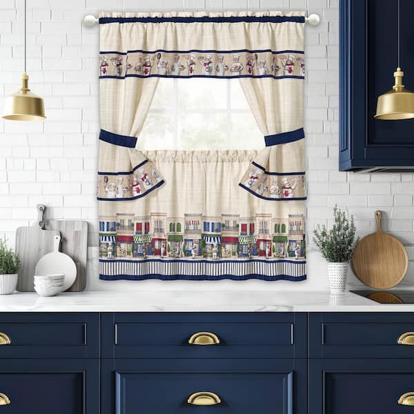 Bon Appetit Cream and Blue Polyester 57 in. W x 24 in. L Printed Cottage Rod Pocket Light Filtering Curtain Set of 2