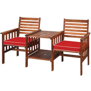 Brown Acacia Wood Outdoor Loveseat with Table and Red Cushions