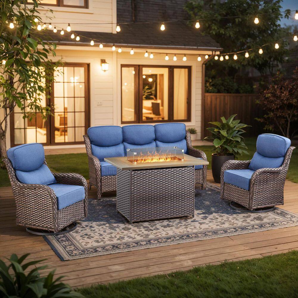 Holion 4-Piece Patio Conversation Furniture Set with Fire Pit, Wicker Outdoor Swivel Chairs Patio Sofa with Blue Cushion price history on PriceWatchPro