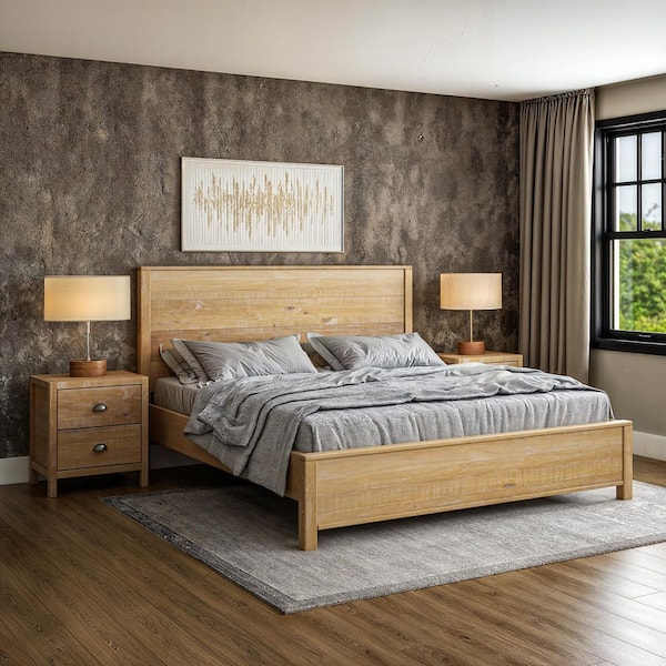 Standard Baja Barnwood Brown Wood Frame King Panel Bed with Solid Wood