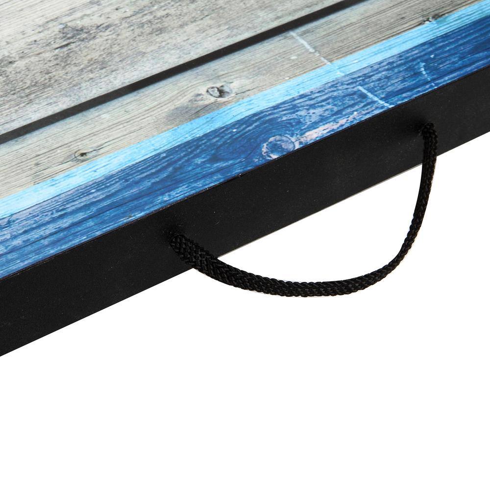 Distressed Wood LED Cornhole Set with Blue and White Bean Bags