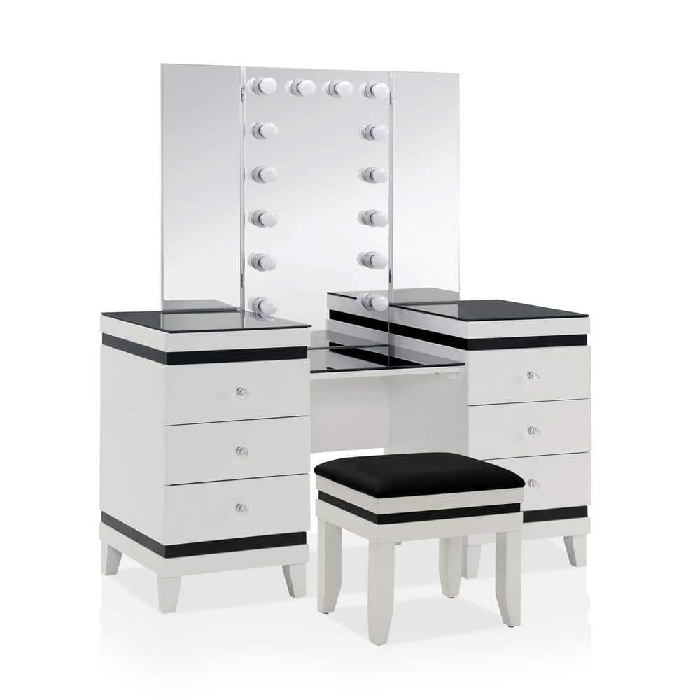 Furniture of America Peritvo 3-Piece White and Black Vanity Set with Light  Bubs (63.88 in. H x 54 in. W x 20 in. D) IDF-DK824WH - The Home Depot