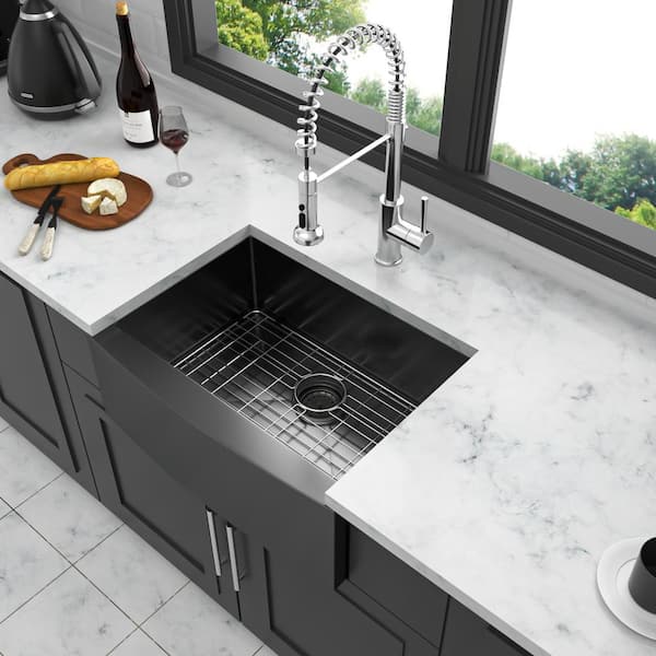 24 in. Farmhouse Single Bowls Stainless Steel Kitchen Sink in Black with Accessories