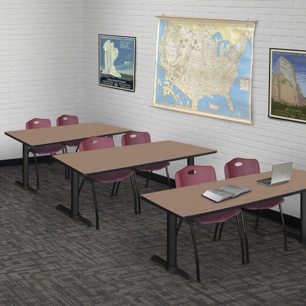 Cain 72 in x 24 in. Noble Oak T-Base Training Seminar Table Desk & 2 M Stack Chairs-Burgundy