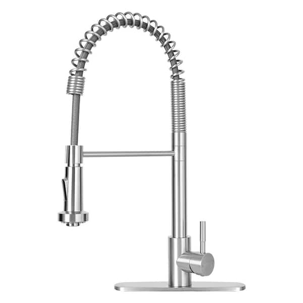Akicon Brushed Nickel 17.19 in. H Pre-Rinse Spring Single-Handle Pull-Out Sprayer Kitchen Faucet with 360° Spout Swivel