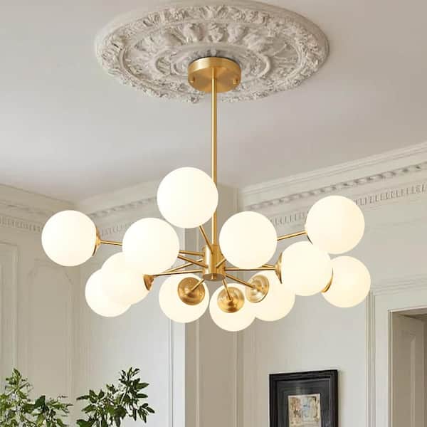 12-Light Brass Mid-Century Sputnik Chandelier Modern Globe Pendant Light Fixture for Bedroom with Frosted Glass Shades