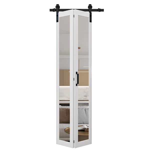 ARK DESIGN 36 in. x 84 in. 1 Lite Mirrored Glass Solid Core White Finished Composite Bi-fold Door with Bifold Barn Door Hardware