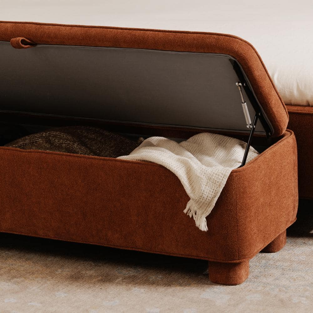 Dark Rust Basketweave Upholstered Storage Bench with Rounded Legs